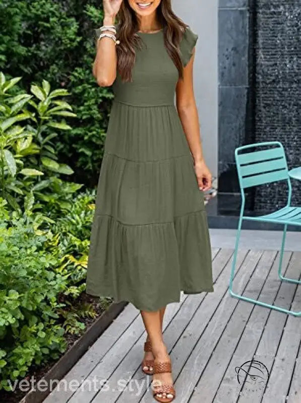 Army green flounced large swing dress with olive green tiered midi ruffles