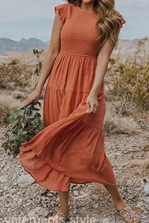 Army green flounced large swing dress with rust tiered midi ruffles