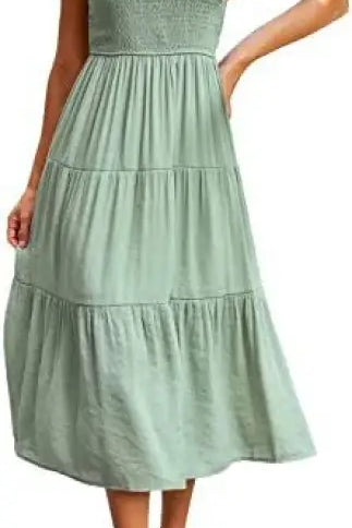 Sage green flounced large swing midi dress with ruffle and cutout details in army green