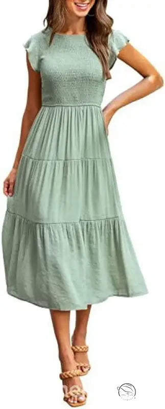 Army green flounced large swing dress with sage green tiered midi style