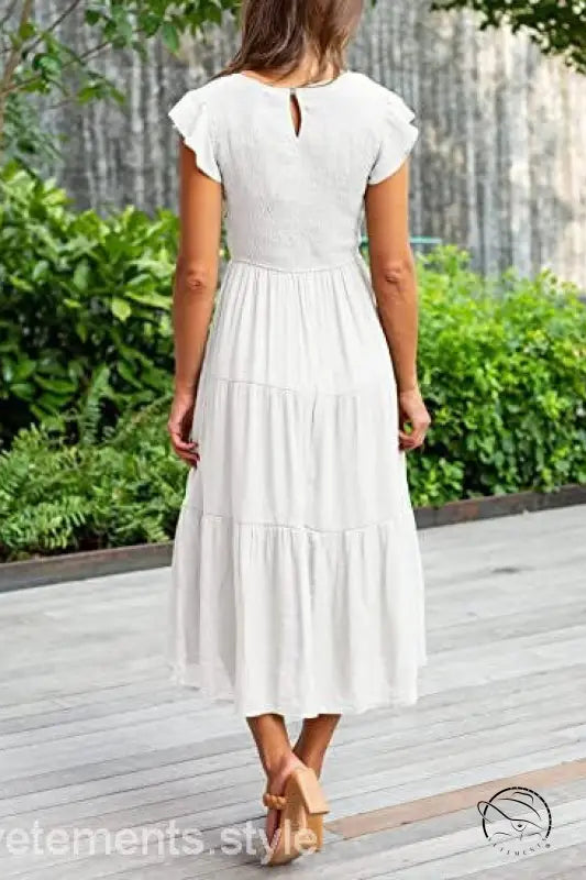 Army green flounced large swing dress with white tiered midi ruffles