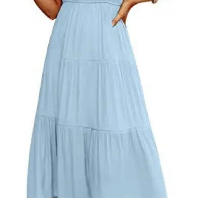 Light blue tiered midi dress featuring flounced large swing design and cutout details