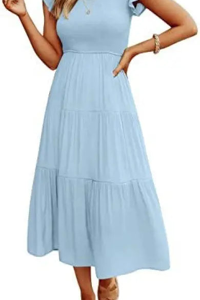 Light blue tiered midi dress featuring flounced large swing design and cutout details