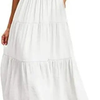 White tiered midi dress with flounced large swing design and ruffle details
