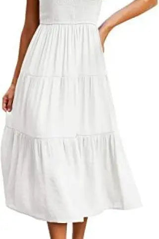 White tiered midi dress with flounced large swing design and ruffle details