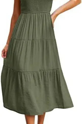 Olive green flounced large swing dress with ruffle and cutout details