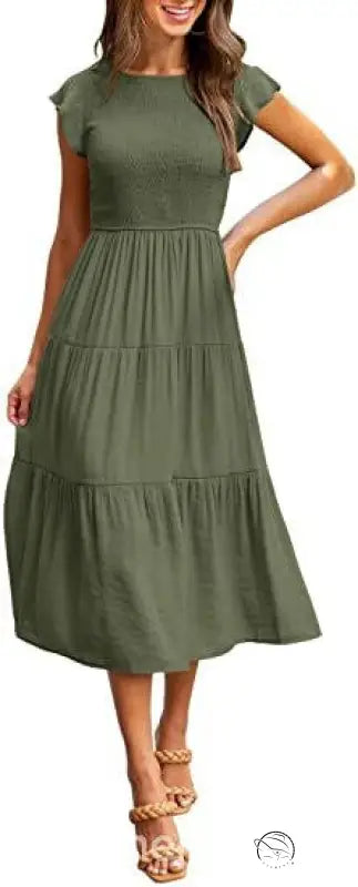 Army green flounced large swing dress with olive tiered midi ruffles