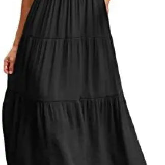 Black tiered midi dress featuring flounced large swing design with ruffle and cutout details