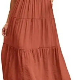 Rust-colored tiered midi dress with flounced large swing design and army green details