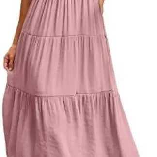 Pink tiered midi dress in a flounced large swing style with ruffle and cutout details