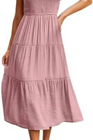 Army green flounced large swing dress with pink tiered midi details