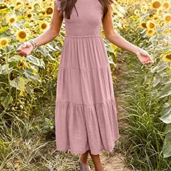 Mauve tiered midi dress showcasing flounced large swing design with ruffle and cutout details