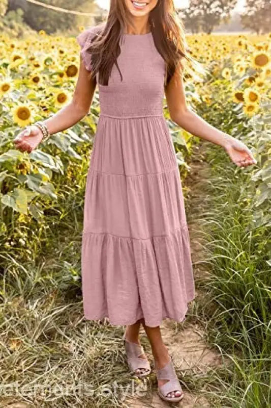 Mauve tiered midi dress showcasing flounced large swing design with ruffle and cutout details