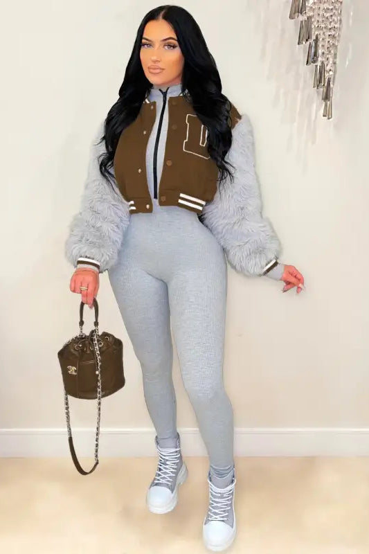 Army green gray short varsity jacket with brown and white fur, silver zipper