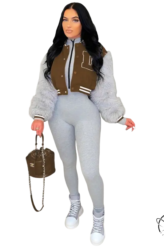 Army green gray short varsity jacket with brown fur and silver zipper