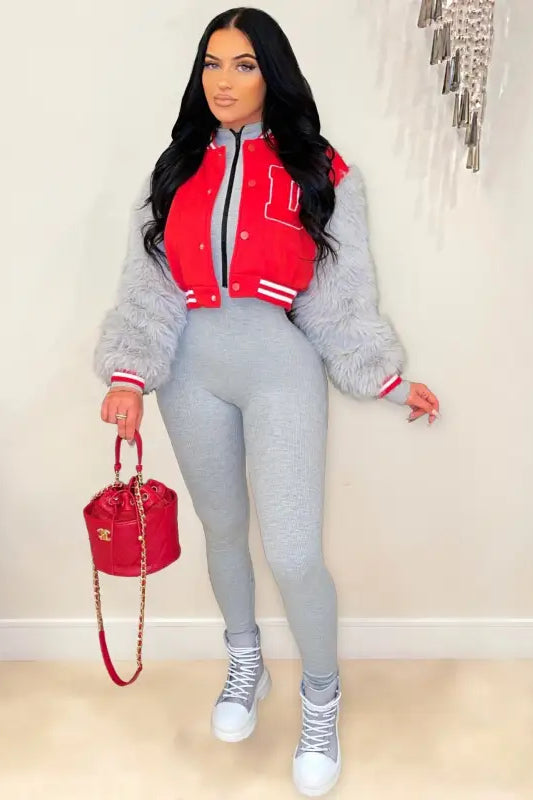 Army green gray short varsity jacket with red accents, fleece lining, and embroidery