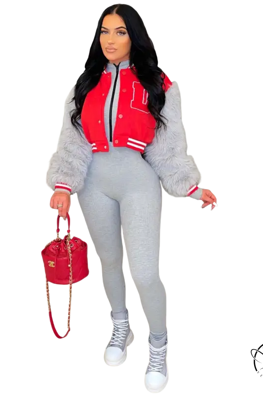 Army green gray short varsity jacket with red accents, fleece lining, embroidery