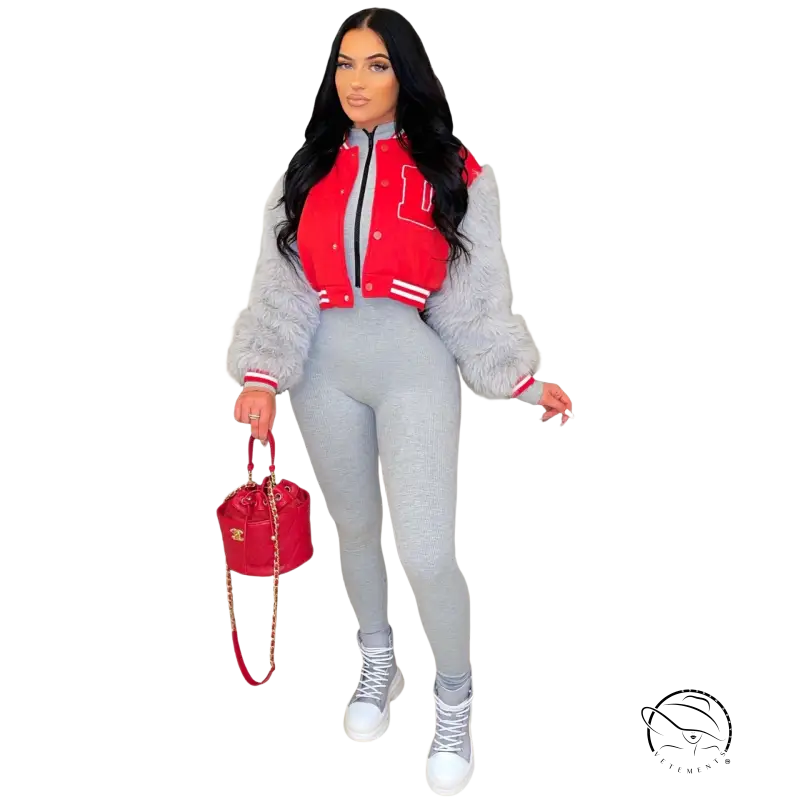 Army green gray short varsity jacket with red accents, fleece lining, embroidery