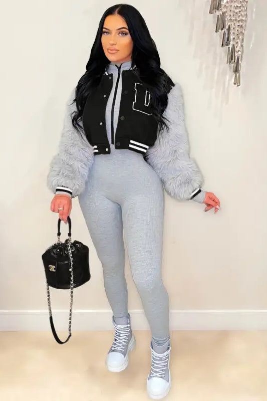 Army green gray short varsity jacket with embroidery, patchwork, and silver zipper