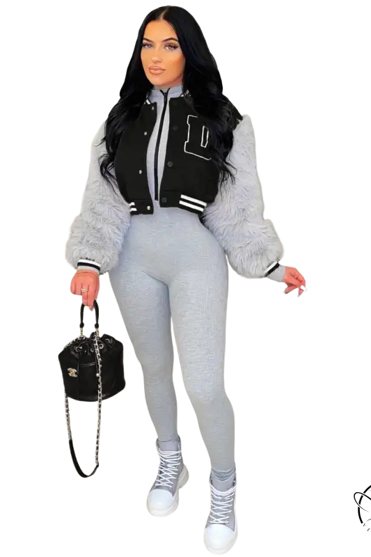 Army green gray short varsity jacket with embroidery and patchwork