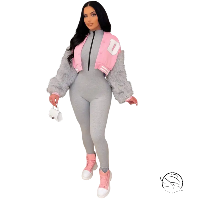 Army green gray short varsity jacket with grey pink fur and white d embroidery