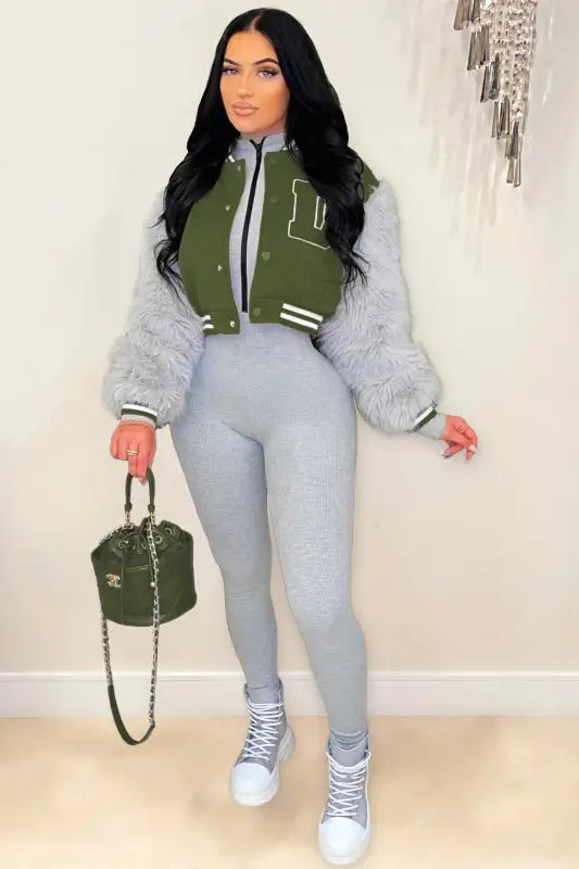 Army green gray short varsity jacket with olive green fleece lining