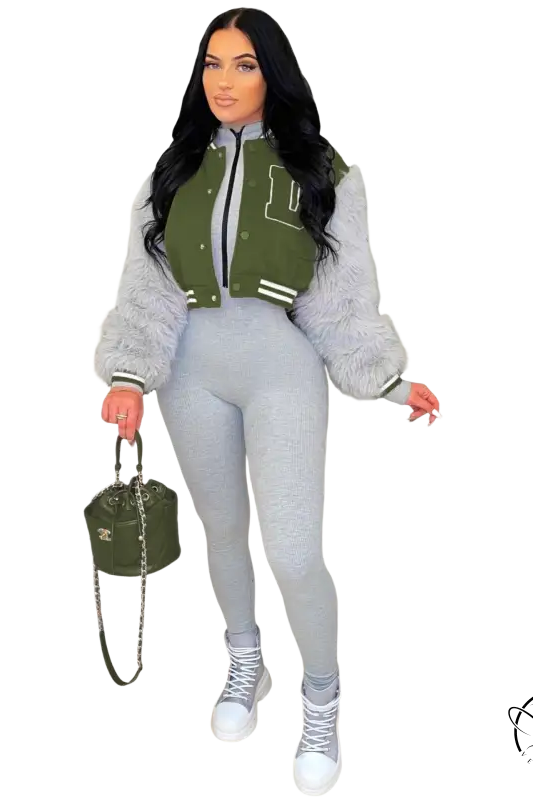 Army green gray short varsity jacket with olive green fleece lining