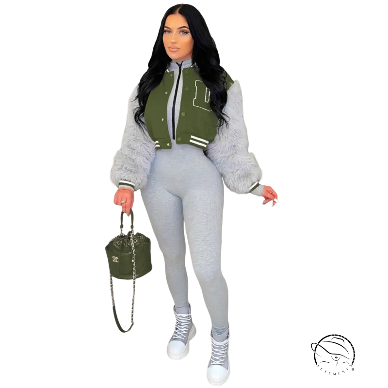 Army green gray short varsity jacket with olive green fleece lining