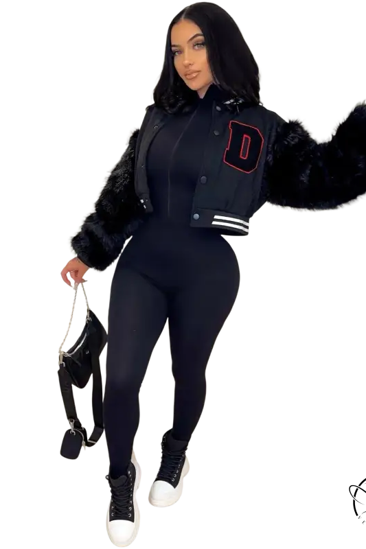 Army green gray short varsity jacket with fur trim and red D embroidery