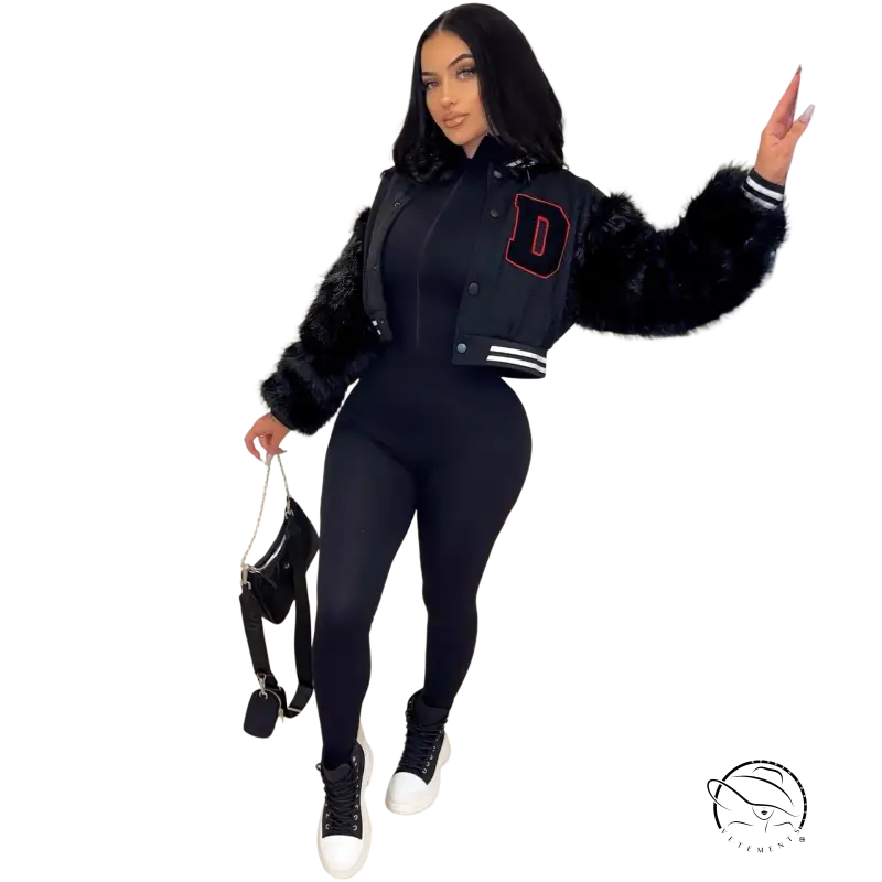 Army green gray short varsity jacket with fur trim and red D embroidery