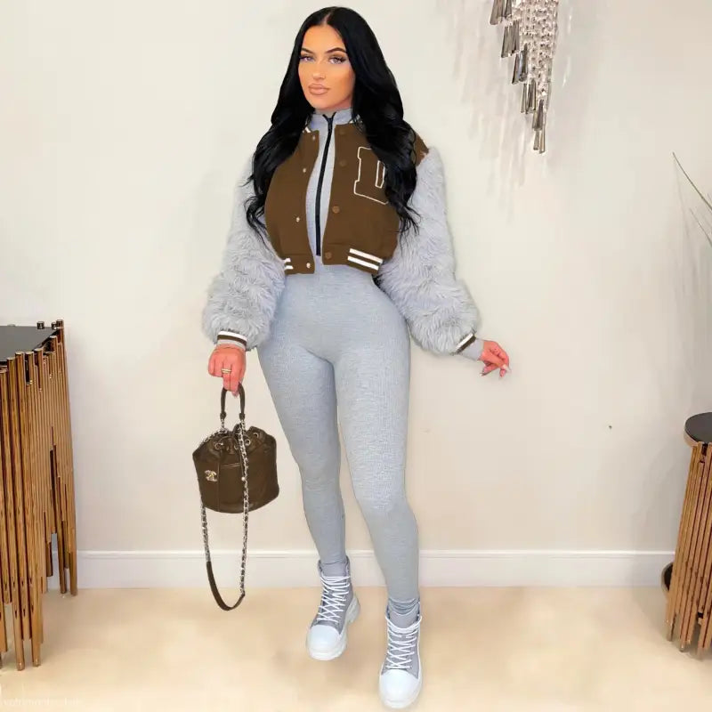 Army green gray short varsity jacket with brown white fur and silver zipper