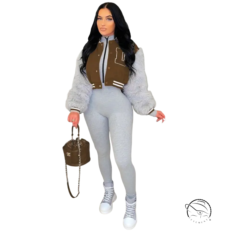 Army green gray short varsity jacket with brown white fur and silver zipper