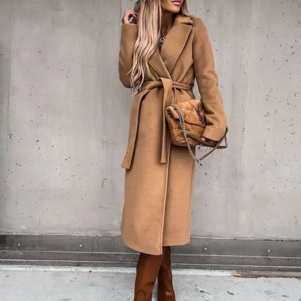 Long camel-colored wool coat with waist belt paired with Army Green Polo Collar Long Sleeved Top