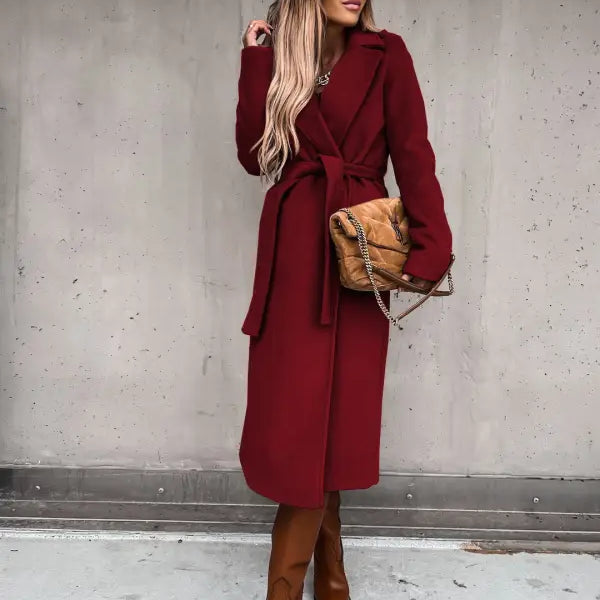 Long burgundy wool coat with a belt, styled with an Army Green Polo Collar Long Sleeved Top