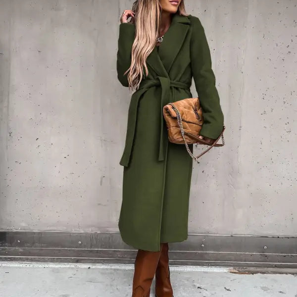 Long green wool coat with belt, perfect for styling with Army Green Polo Collar Long Sleeved Top