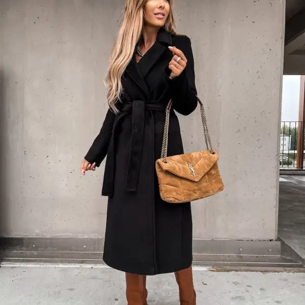 Long black belted coat over stylish outfit featuring Army Green Polo Collar Long Sleeved Top