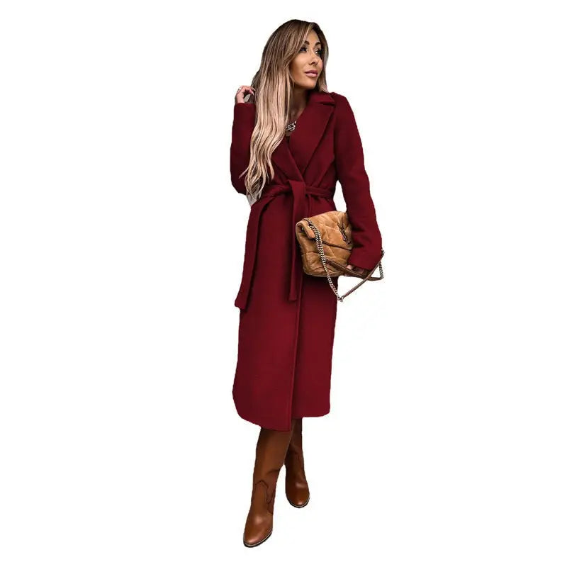 Long Burgundy Wool Coat with Tie Belt over Brown Leather Boots for Army Green Polo Collar Long Sleeved Top