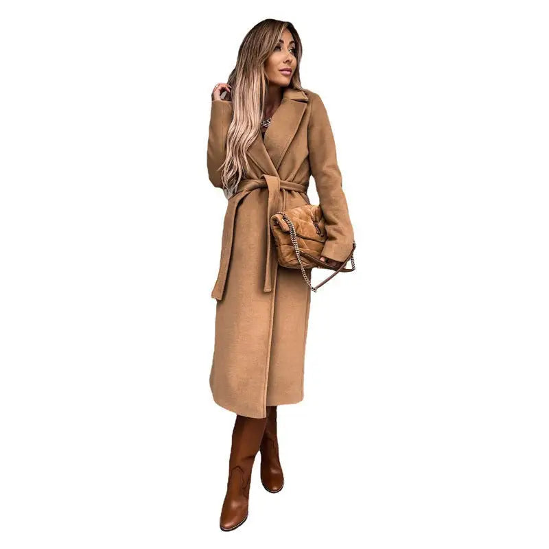 Long camel-colored wool coat with belt paired with Army Green Polo Collar Long Sleeved Top