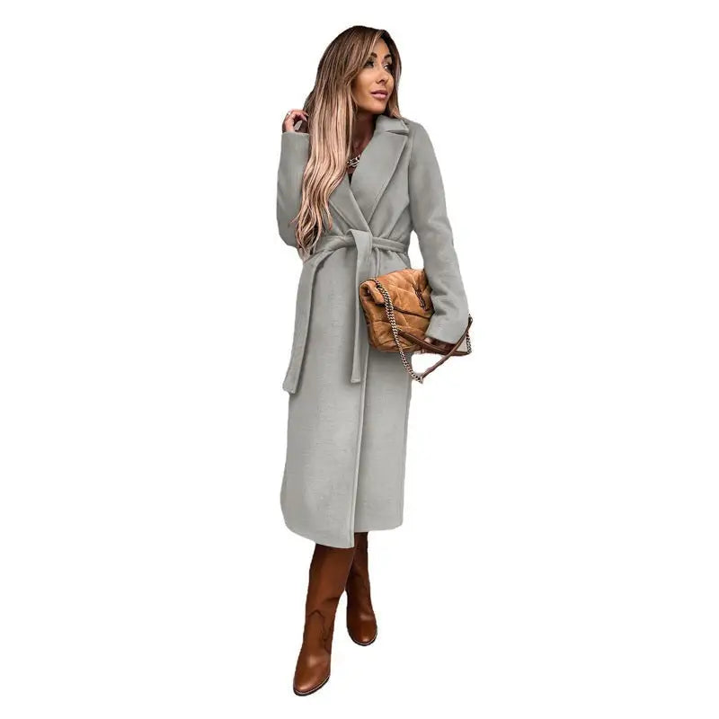 Long gray belted coat with brown boots and tan handbag over Army Green Polo Collar Long Sleeved Top