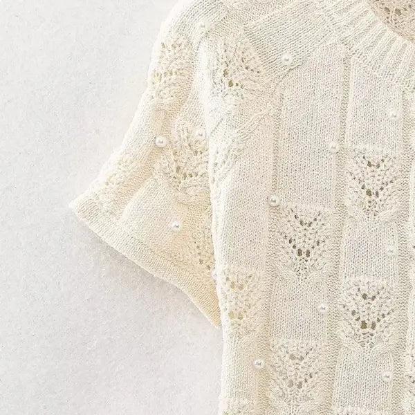 Cream-colored beaded pearl knitted set casual crop top and skirt for summer
