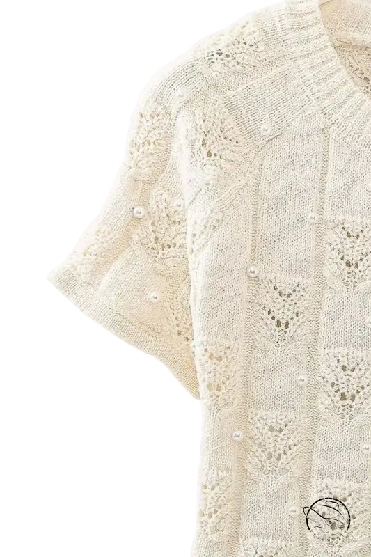 Cream-colored beaded pearl knitted set casual crop top and skirt for summer