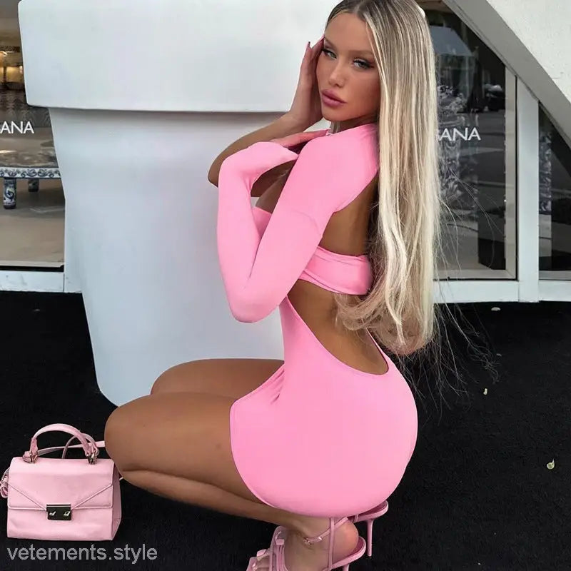 Pink cutout mini dress, showcasing the stylish Cutout One Shoulder Slim Fit Vetements Party Dress