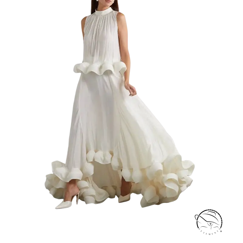 Elegant white sleeveless asymmetric patchwork ruffled two-piece suit