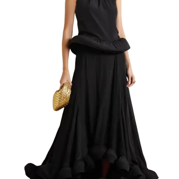 Elegant black sleeveless patchwork ruffled two-piece suit with peplum waist