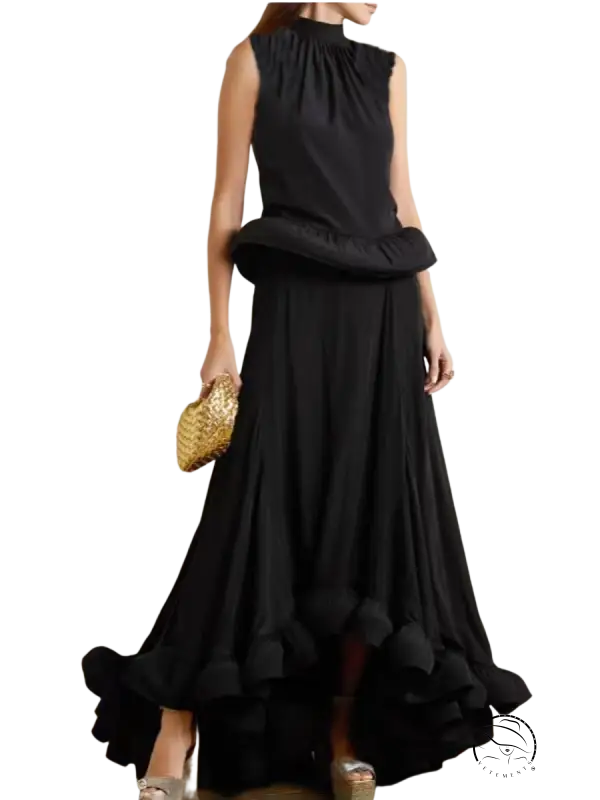 Elegant black sleeveless patchwork ruffled two-piece suit with peplum waist