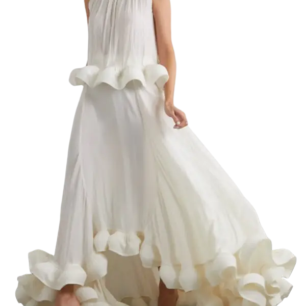 Elegant white sleeveless patchwork ruffled two-piece suit with summer gown details