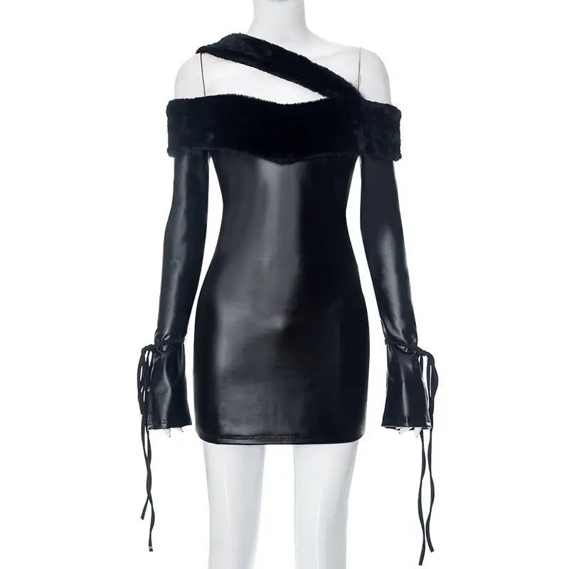 Black faux leather sheath dress with off-shoulder, long sleeves, and fur trim for elegant style
