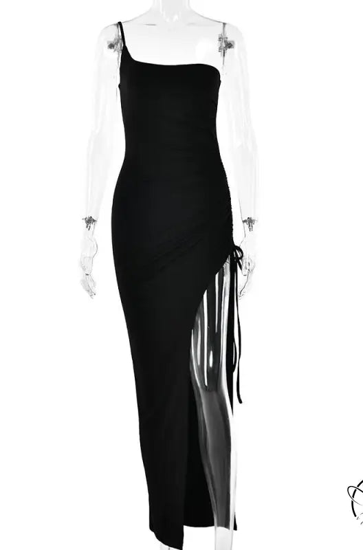 Black single shoulder cami dress with side slit for summer parties