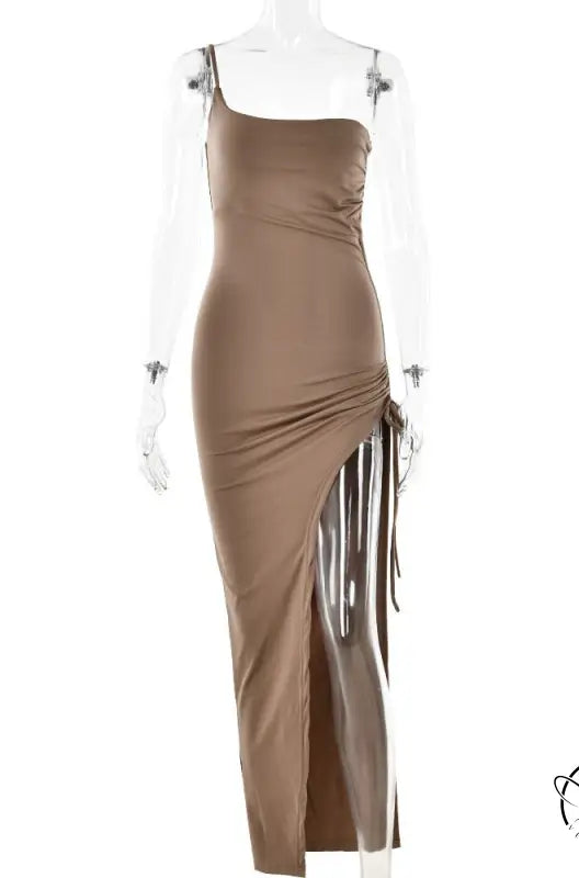 Taupe single shoulder cami dress with high slit for summer parties