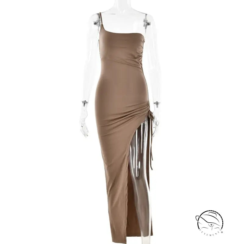 Taupe single shoulder cami dress with high slit for summer parties